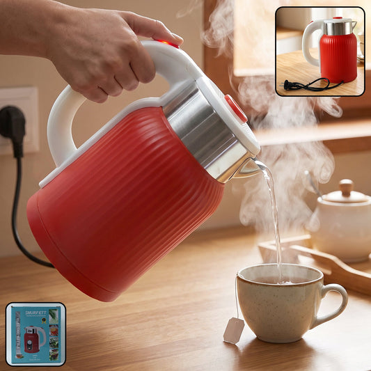 Red Wukusy electric kettle, 2-liter capacity with 1500W power, ideal for tea, coffee, milk, and hot water.