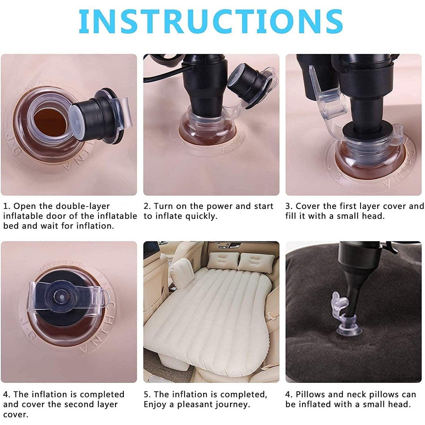 Wukusy 8043 Car Inflatable Bed with two pillows and portable air pump, shown inflated inside a vehicle back seat for travel comfort.