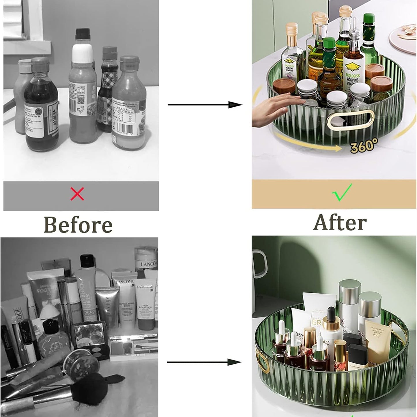 Wukusy 360 rotating multipurpose storage rack with handles, versatile home organization solution, shown with various stored items.