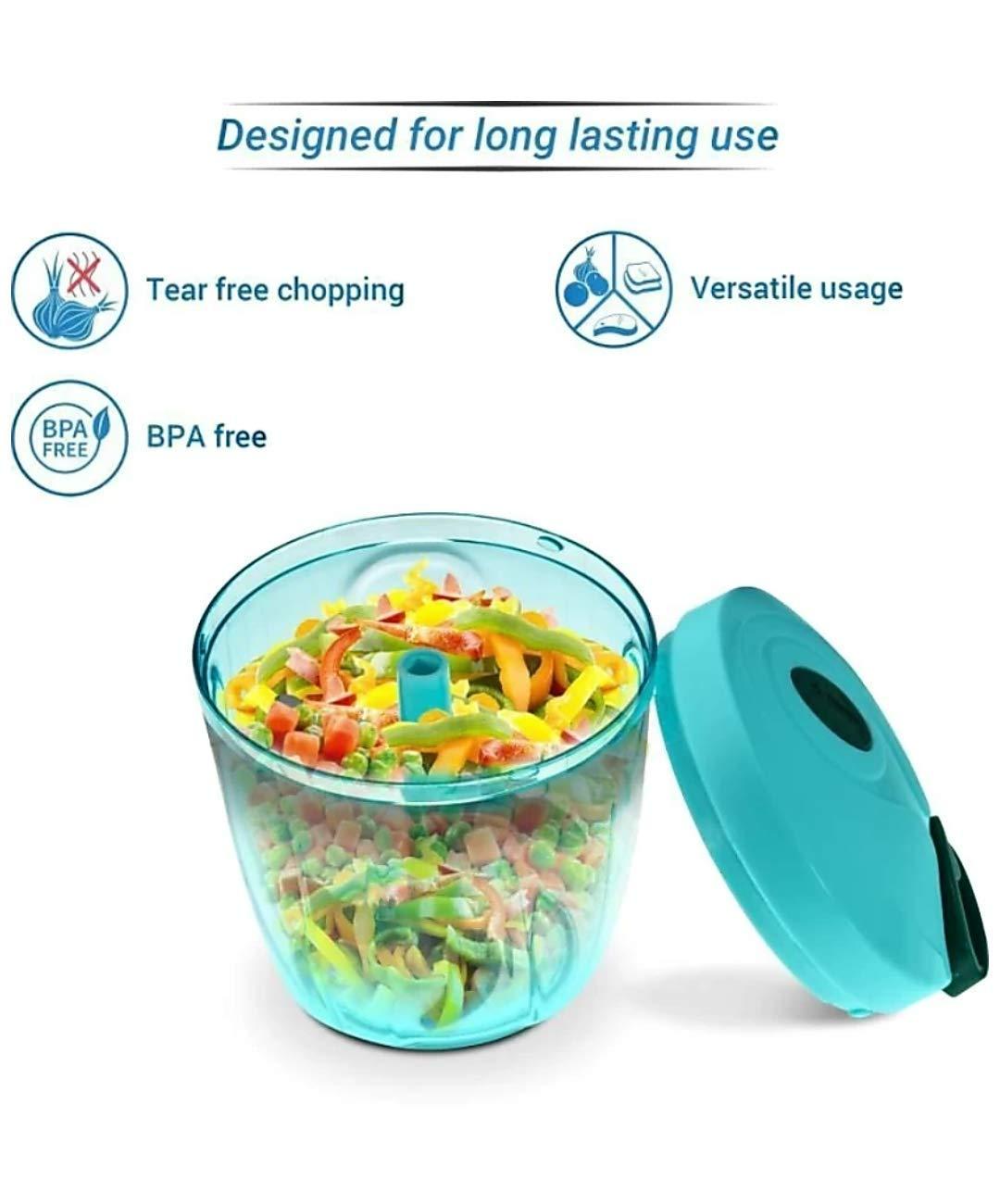 Wukusy manual stainless steel vegetable chopper with five blades, compact handheld kitchen tool for slicing and chopping vegetables.