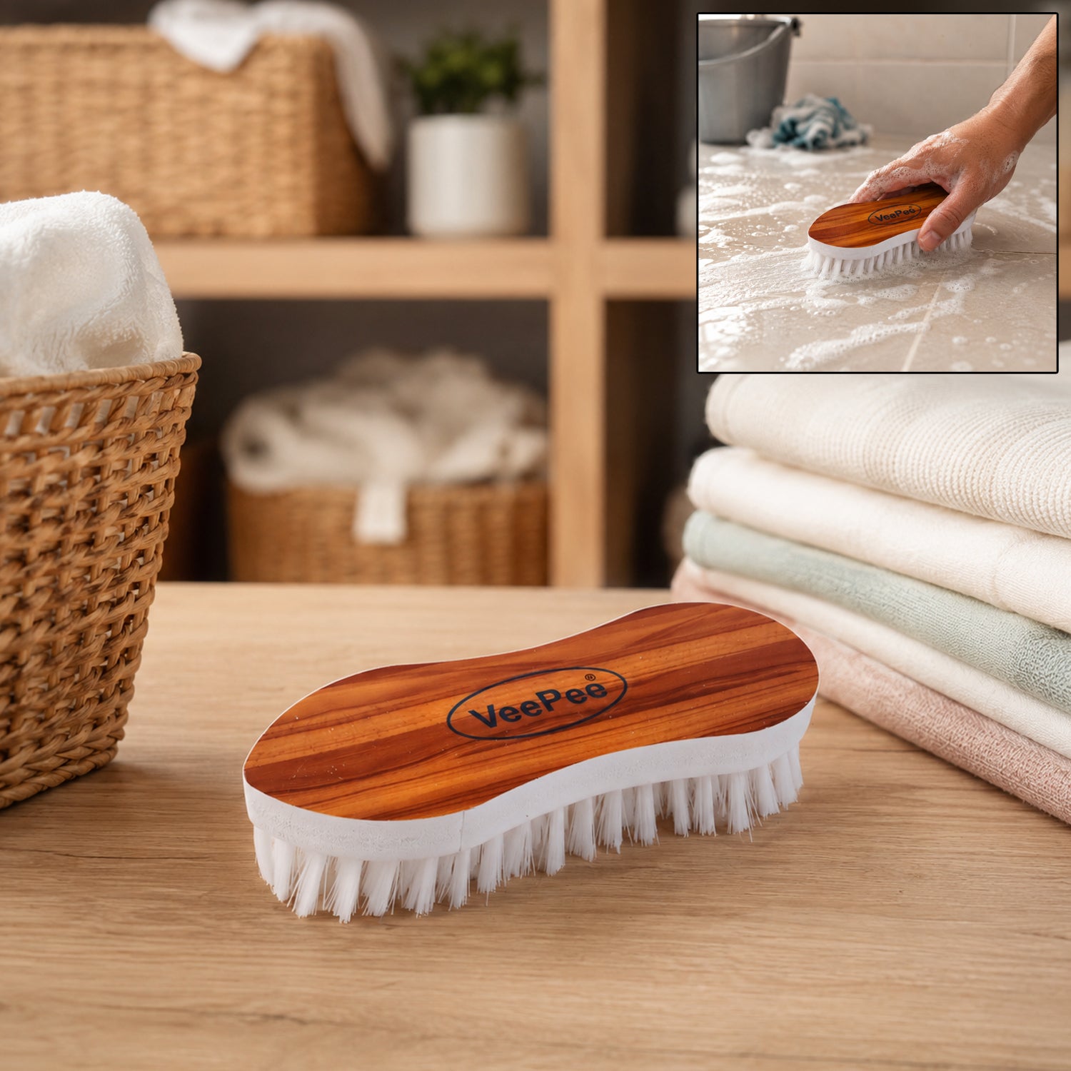 Wukusy Veepee ergonomic cloth washing brush with wooden handle and bristles for effective fabric cleaning, single piece.