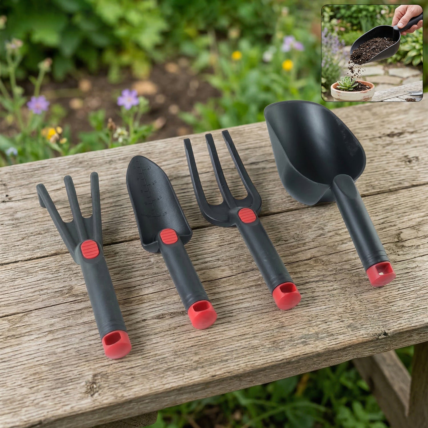 Wukusy 4-piece garden hand tool set with trowel, transplanter, weeder, and hand rake, ideal for gardening and planting tasks