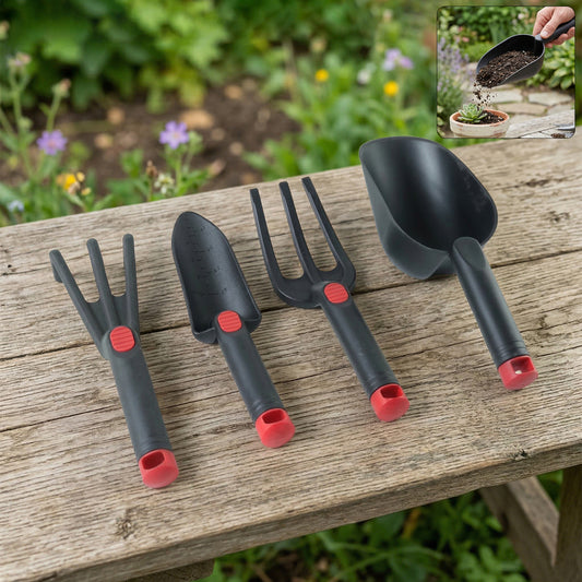 Wukusy 4-piece garden hand tool set with trowel, transplanter, weeder, and hand rake, ideal for gardening and planting tasks