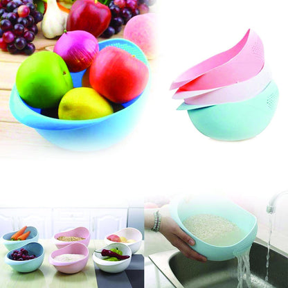 Wukusy 108 kitchen plastic large rice bowl strainer for storing and draining rice, with a sturdy design and wide opening.