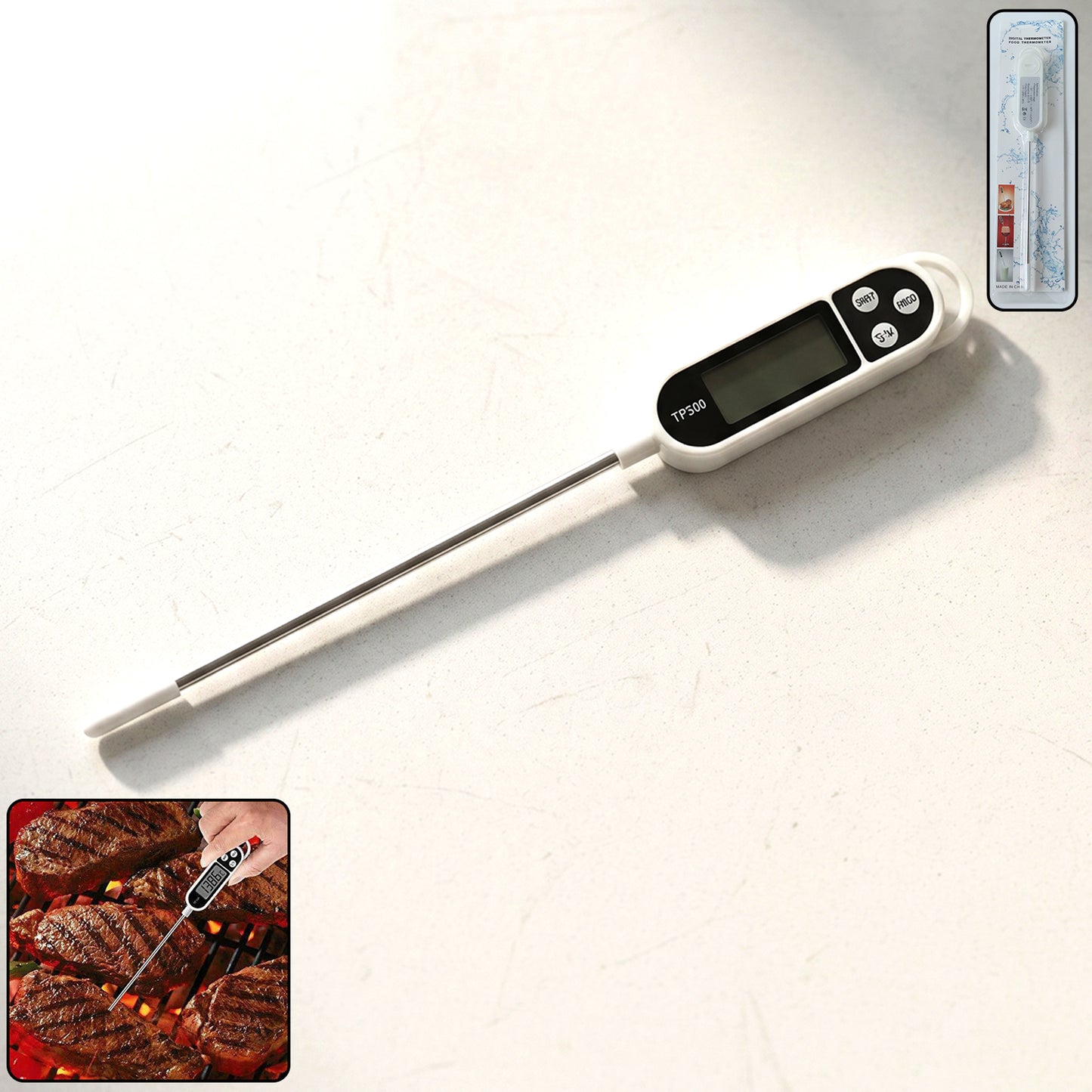 Wukusy digital food thermometer with LCD display showing stainless steel probe and digital readout for accurate temperature measurement
