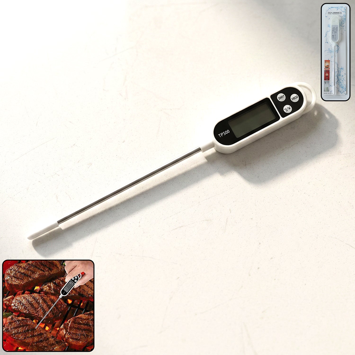 Wukusy digital food thermometer with LCD display showing stainless steel probe and digital readout for accurate temperature measurement