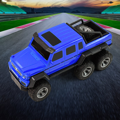 Wukusy 6-wheel drive remote control off-road car toy for kids, showing colorful rugged toy vehicle on a dirt surface.