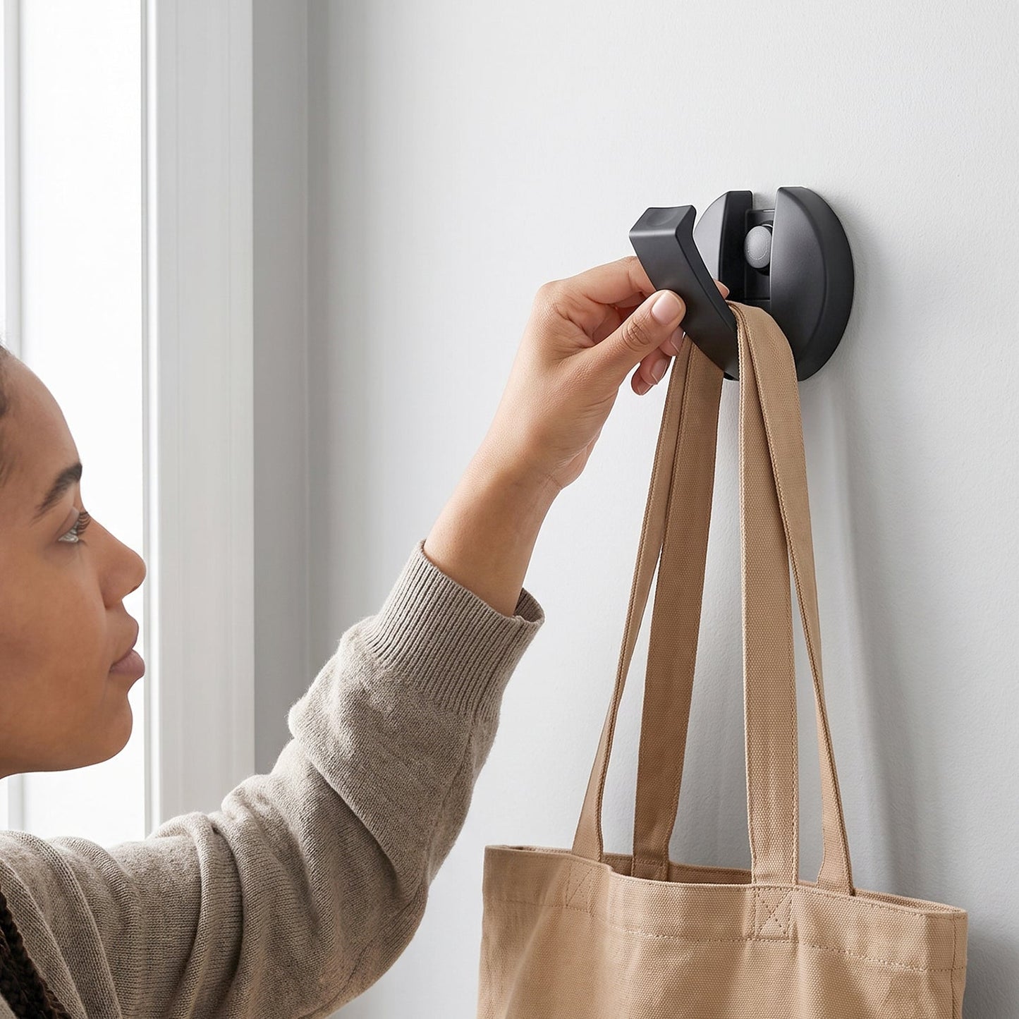 Heavy-duty foldable wall mount hook with screws by Wukusy, shown mounted on a wall holding clothes and bags.