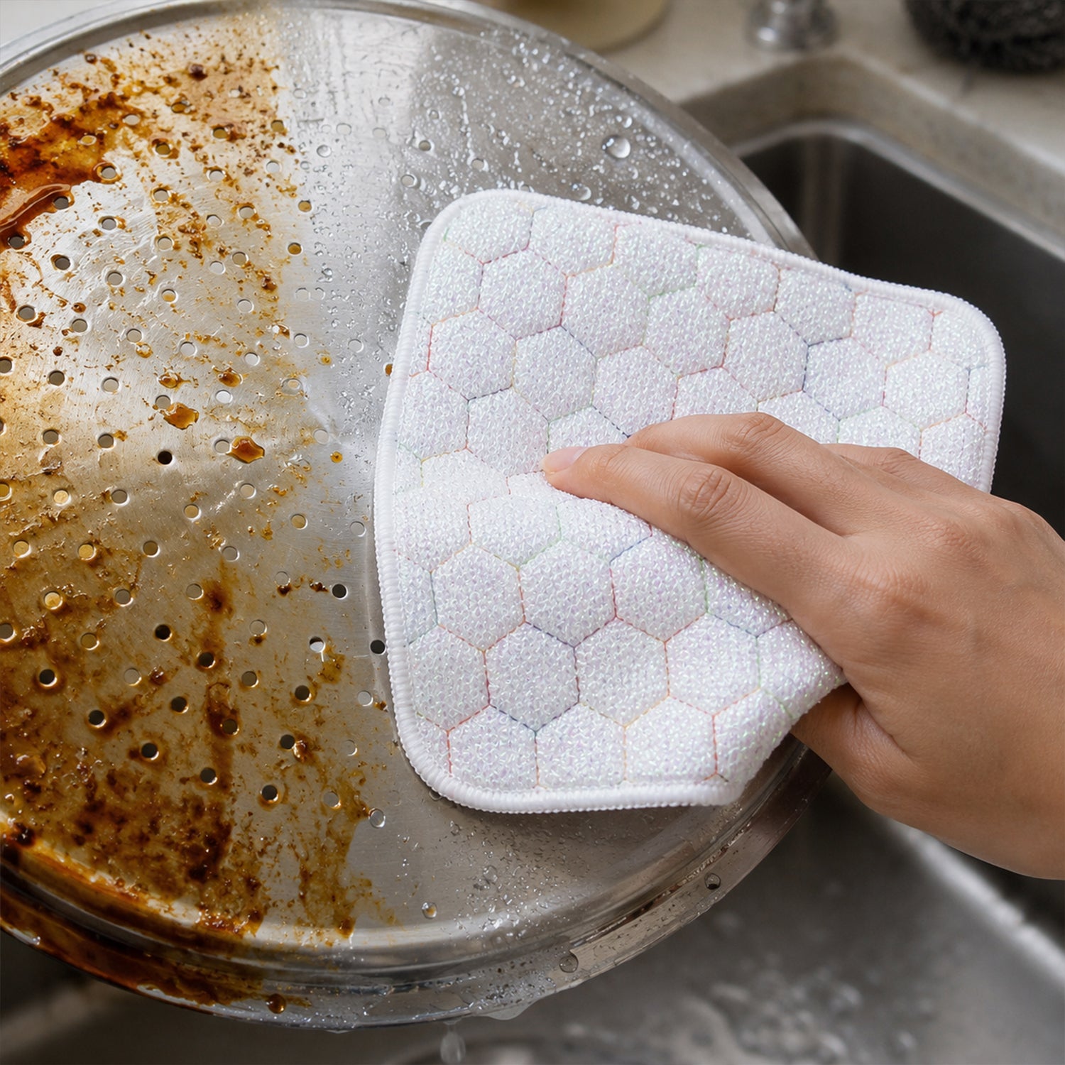 Heavy-duty Wukusy dish scrub pad for utensils and pots, 18x18cm kitchen scrubber with textured surface for effective cleaning.