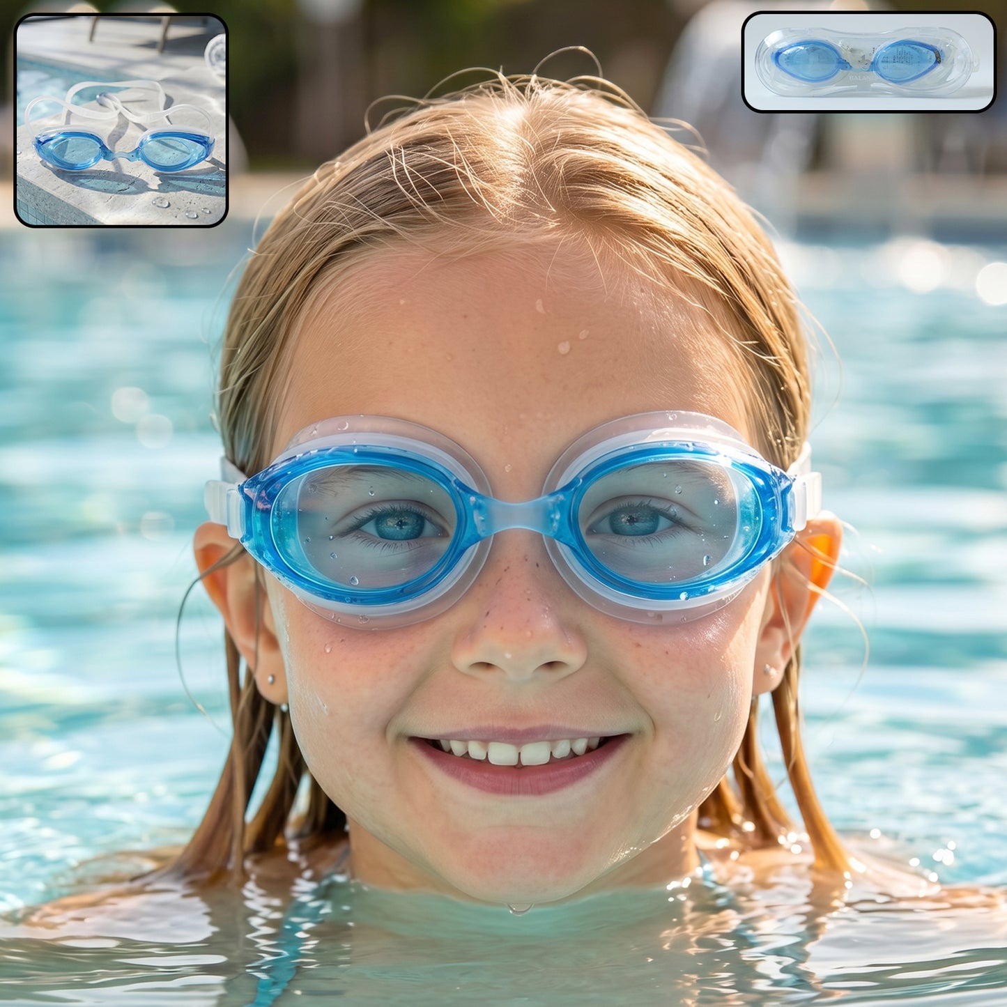 Kids swimming goggles by Wukusy with clear vision, comfortable fit, and adjustable strap, suitable for swimming and water activities.