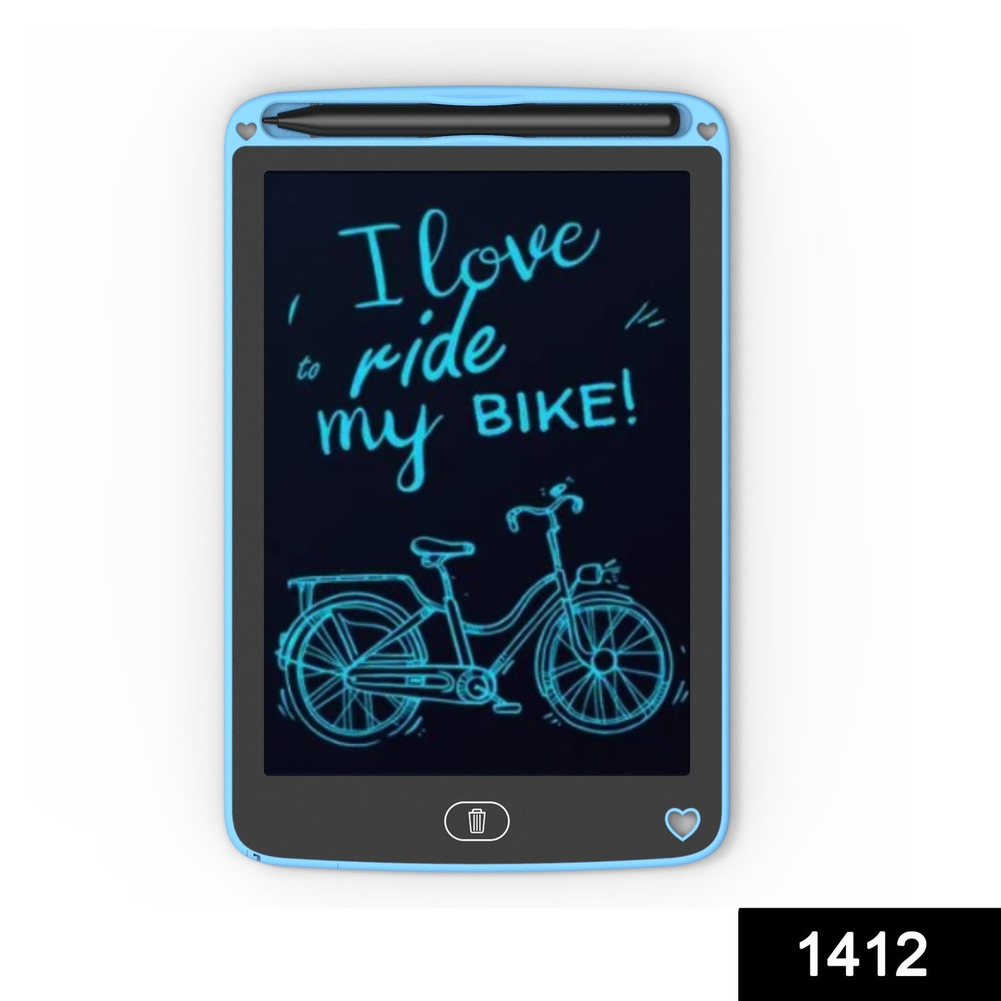 Wukusy 1412 portable LCD writing tablet showing a digital memo and writing in black on its screen, toy toy for kids and students
