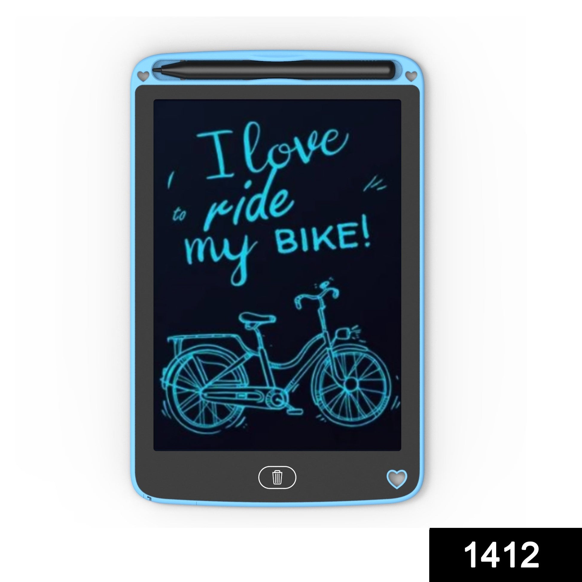 Wukusy 1412 portable LCD writing tablet showing a digital memo and writing in black on its screen, toy toy for kids and students