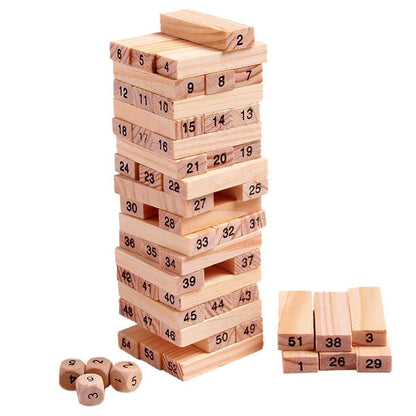 Wukusy 1911 54-piece wooden tumbling stacking toy with 4 dice for building and developmental play.