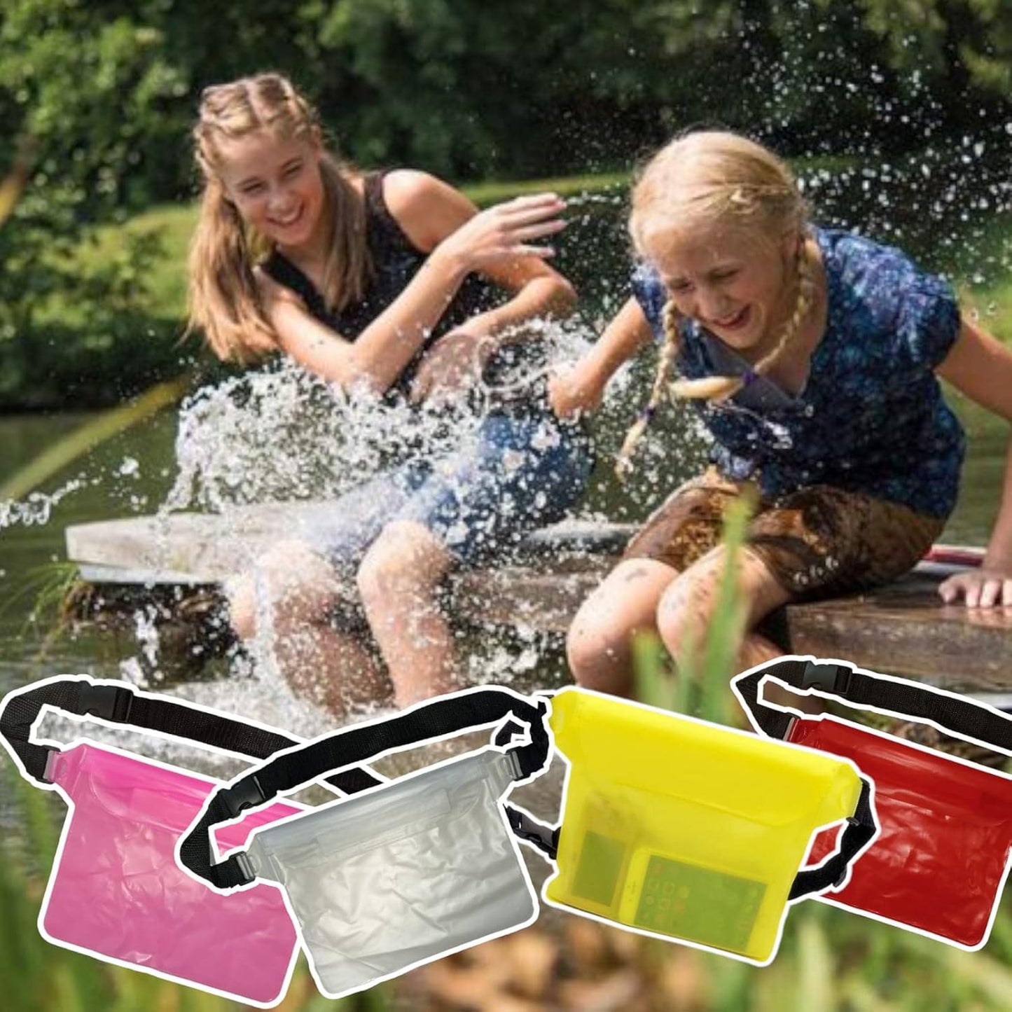 Waterproof Wukusy travel waist pouch bag with adjustable strap, shown on a person for secure, hands-free storage.
