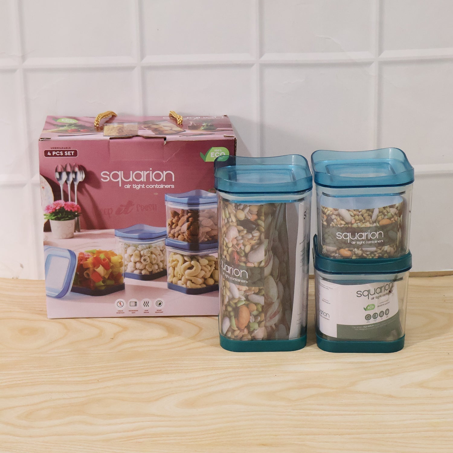 Set of four Wukusy Squarion airtight plastic storage containers for kitchen and grocery use, with secure lids and clear design.
