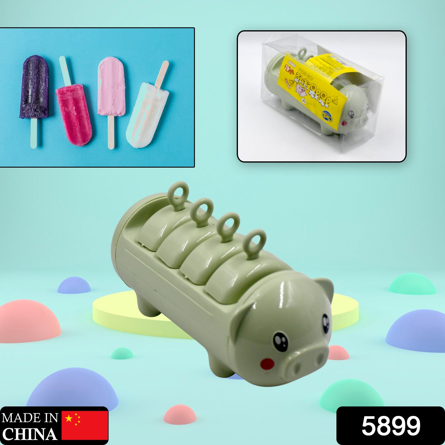 Wukusy pig-shaped ice candy mold set with 4 plastic cups for making popsicles, ice, and kulfi treats.