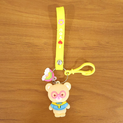 Wukusy cute cartoon teddy bear keychain with yellow "I love you" strap, featuring a playful plush teddy bear design.