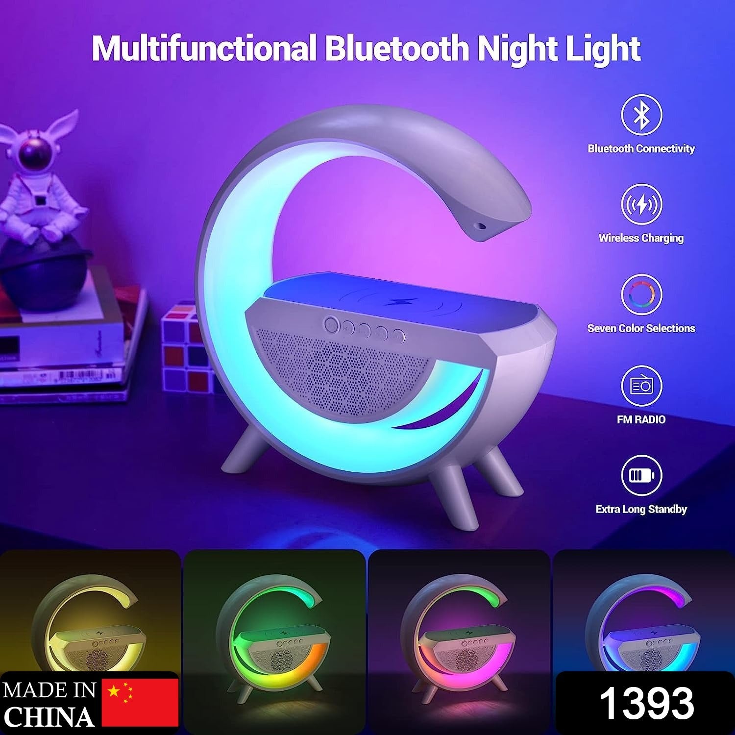 Wukusy 3-in-1 LED night lamp with Bluetooth speaker, wireless charging, mood lighting, perfect for bedroom and parties.