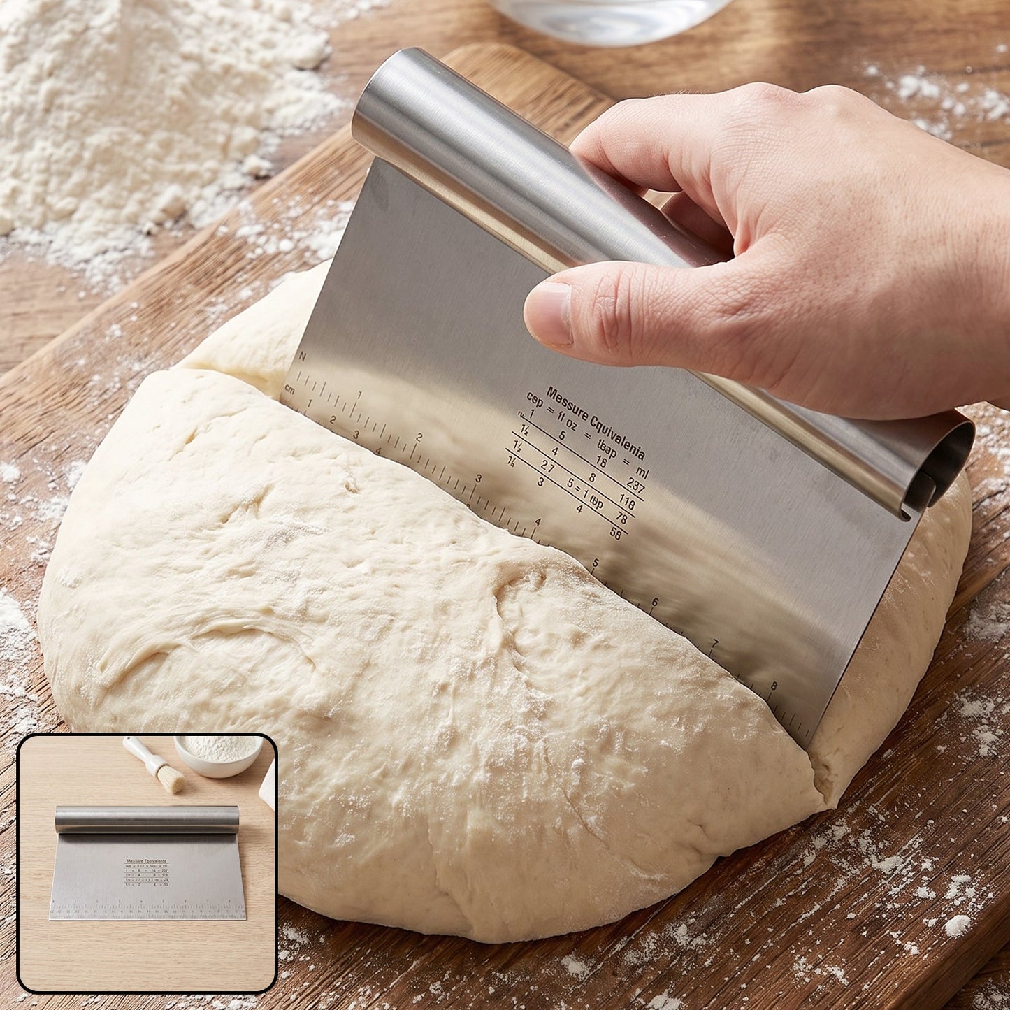 Wukusy stainless steel dough scraper cutter with scale, 22x12 cm, used for baking and dough handling, shown on a kitchen countertop.