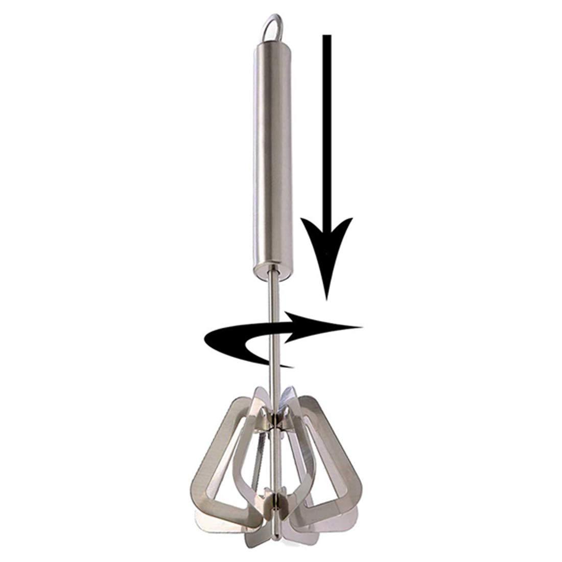 Wukusy 2335 stainless steel manual hand blender for home and kitchen use, shown with blending attachments on a countertop.