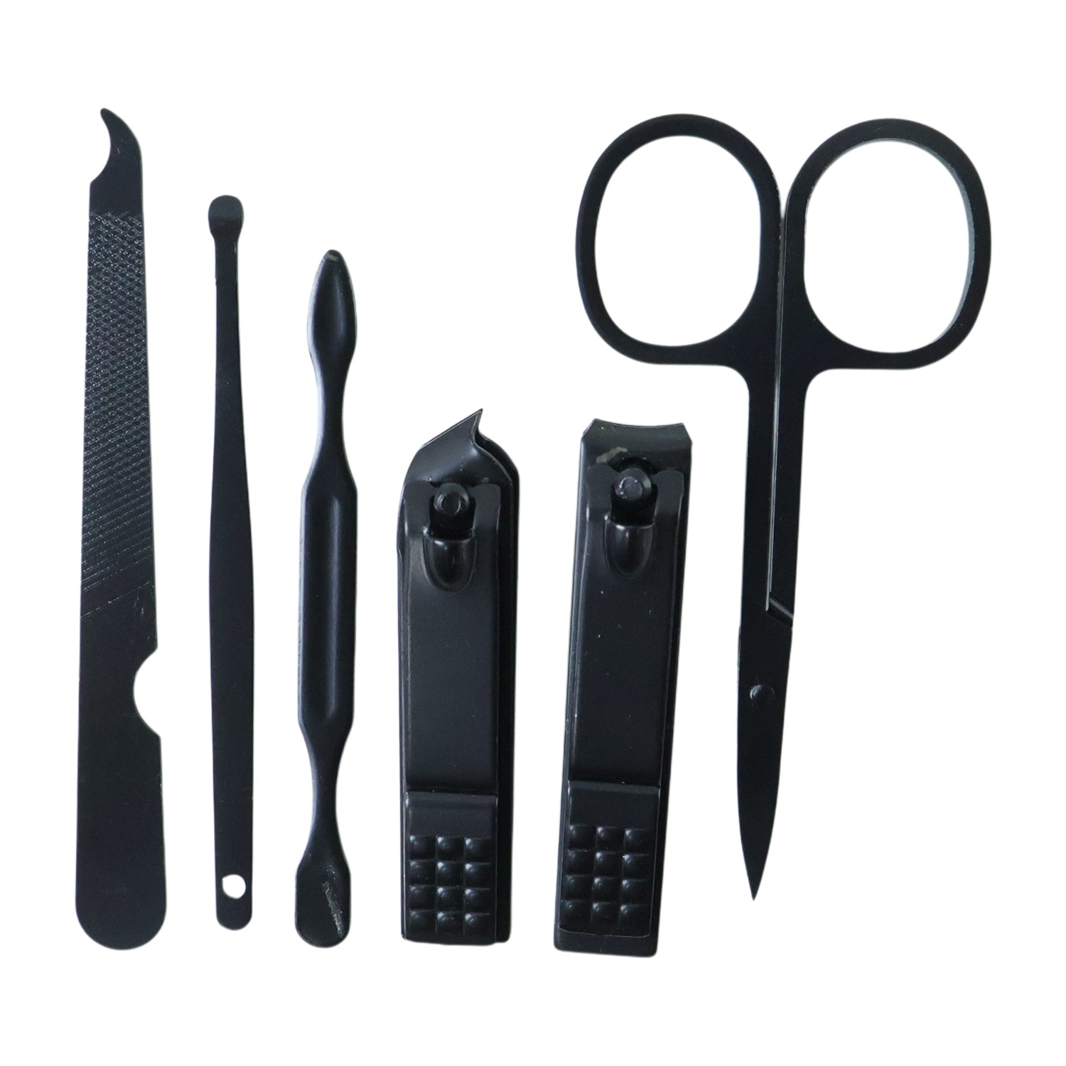 Wukusy 6-in-1 professional manicure and pedicure grooming tool set with various nail and foot care tools arranged neatly.