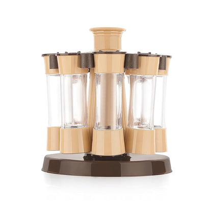Wukusy 360 revolving spice rack with 8 spice jars, ideal for kitchen and dining table organization and spice storage.
