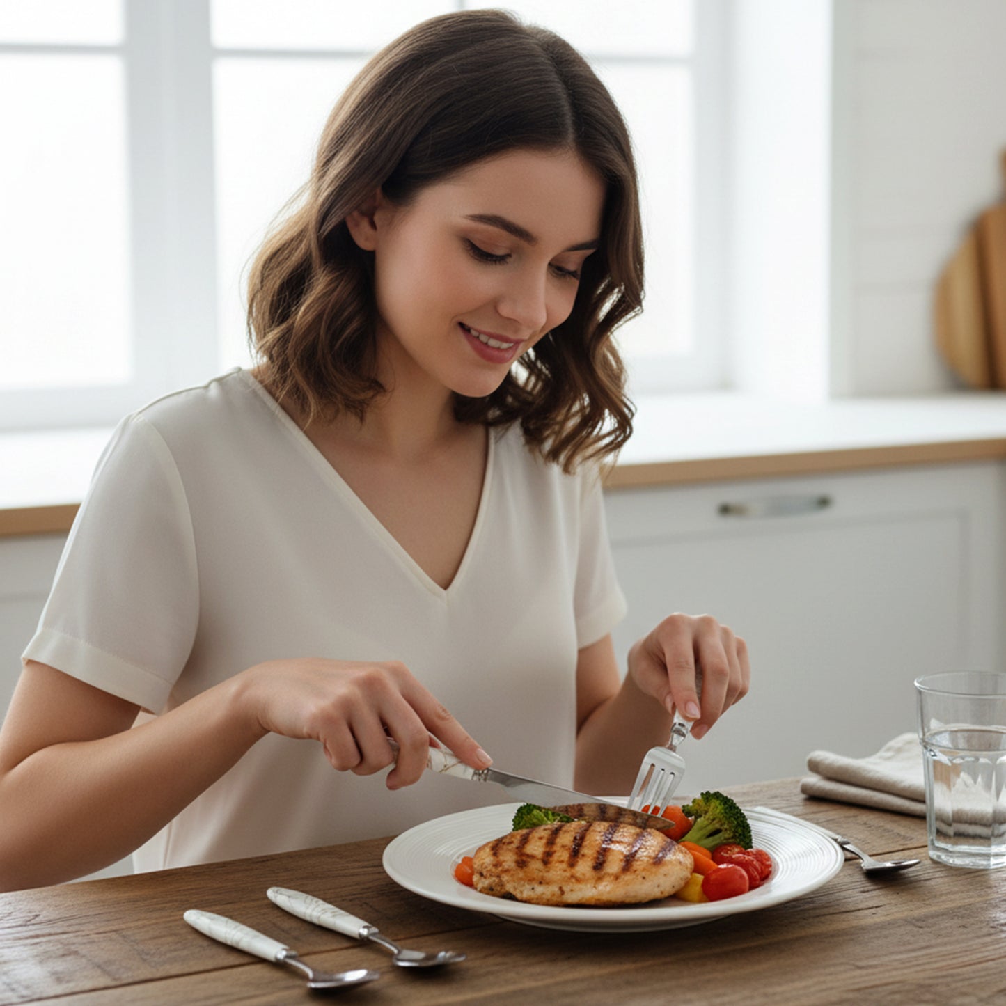 Wukusy stainless steel cutlery set with four pieces featuring elegant marble design handles on spoons and forks.