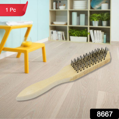Steel wire brush with wooden handle by Wukusy, featuring sturdy metal bristles for cleaning and scrubbing tasks.