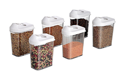 Set of six Wukusy 750ml plastic Easy Flow storage jars with lids, clear containers ideal for kitchen organization.
