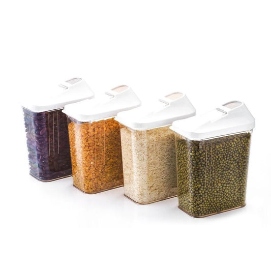 Set of six Wukusy 750ml plastic Easy Flow storage jars with lids, featuring clear bodies and secure screw-on lids.