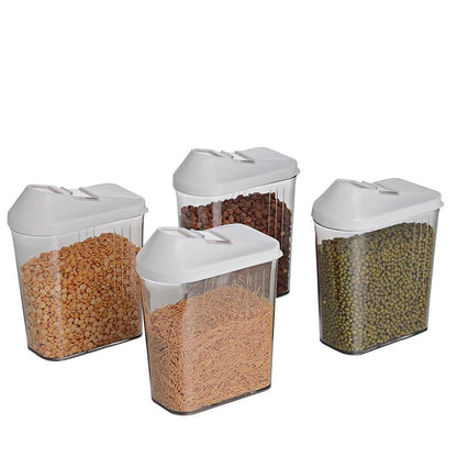 Set of six Wukusy 750ml plastic Easy Flow storage jars with lids, clear and round, suitable for kitchen organization.