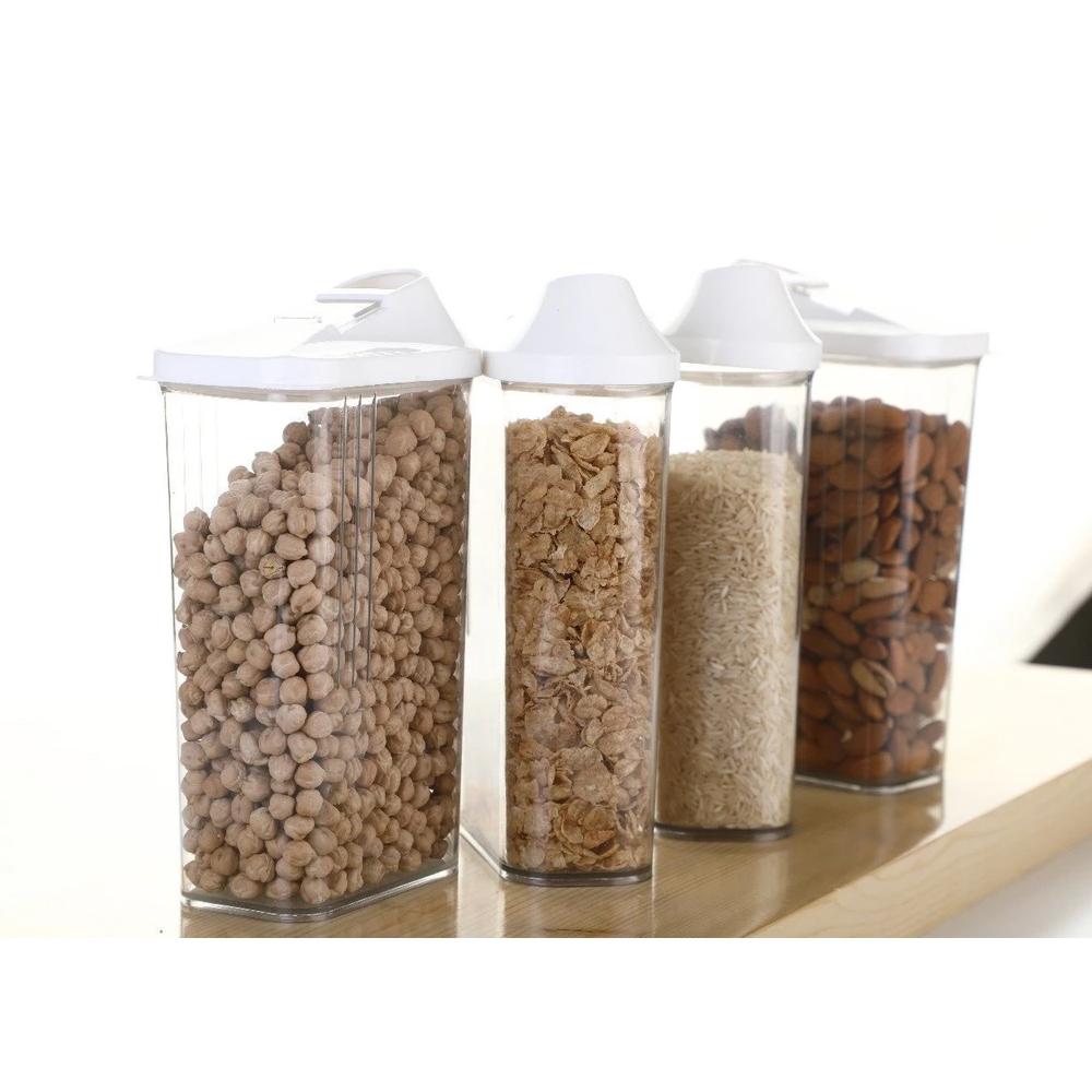 Set of six Wukusy 750ml plastic Easy Flow storage jars with lids, clear and rectangular for kitchen organization.