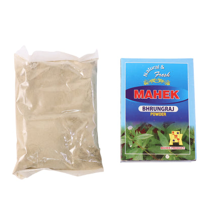 Wukusy Natural Bhringraj Powder for traditional hair care, 80g, in a resealable pouch with vibrant packaging and fresh powder inside.