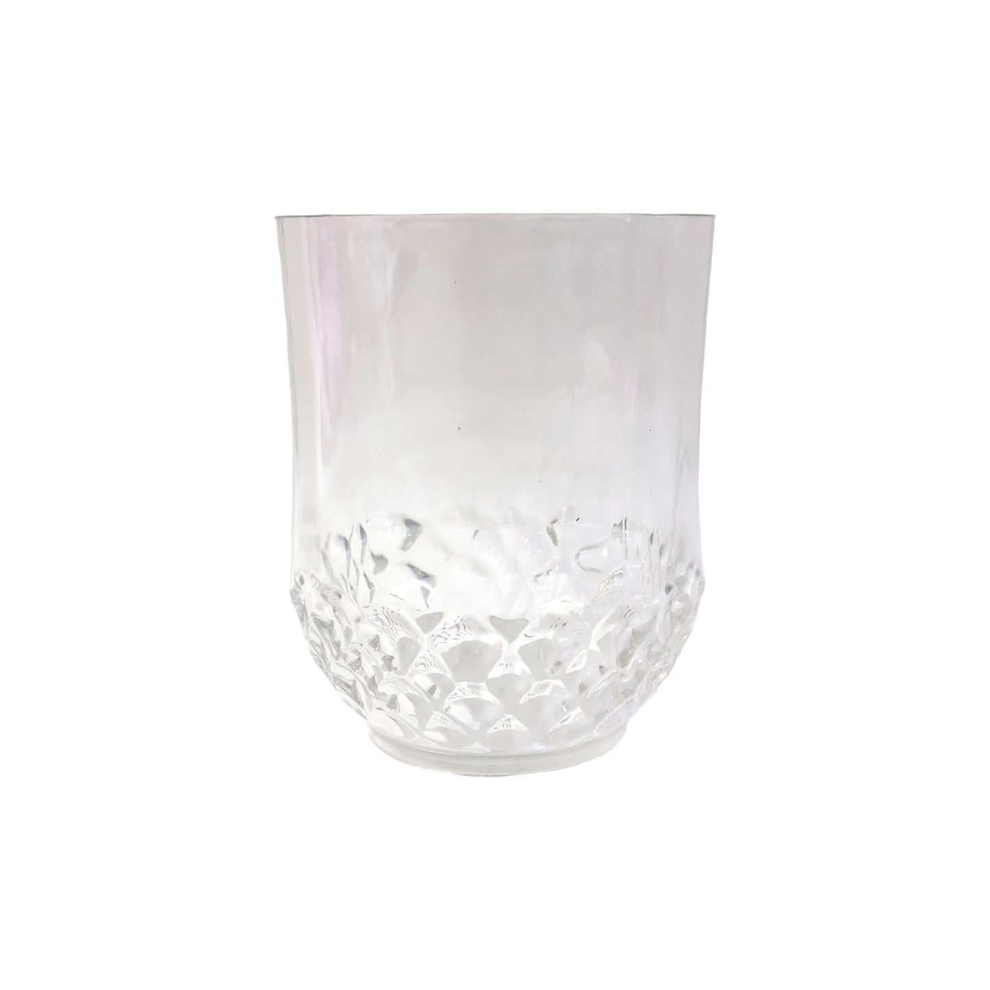 Six transparent Wukusy drinking glasses with diamond pattern design, arranged on a table for serving beverages.