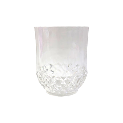 Six transparent Wukusy drinking glasses with diamond pattern design, arranged on a table for serving beverages.