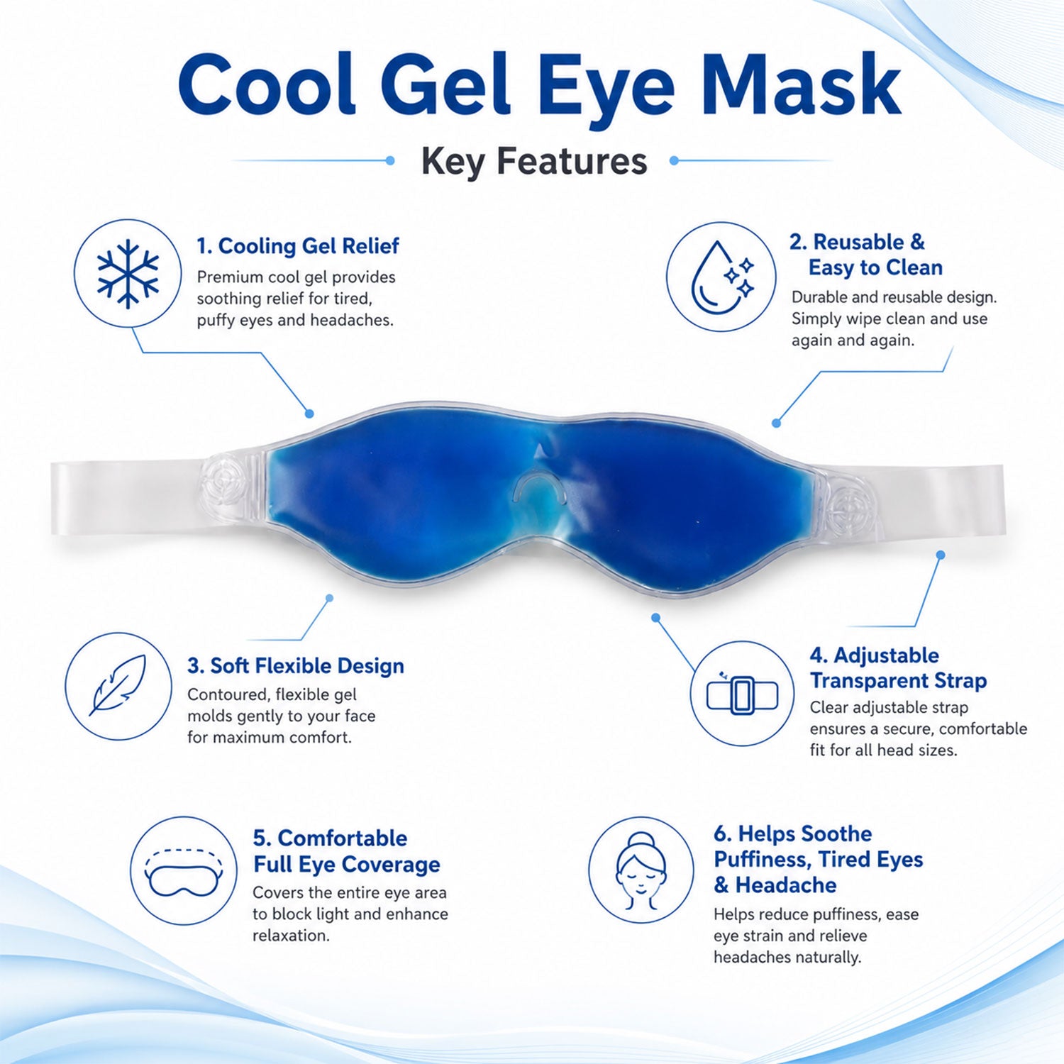 Small blue Wukusy cooling gel eye mask for relaxation and puffy eye relief, featuring a soft fabric cover and gel insert.