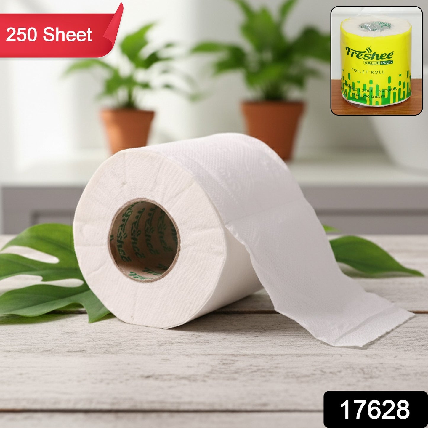 Wukusy Freshee ultra-soft 2-ply toilet roll with 250 sheets, showcasing soft, white paper on a roll.