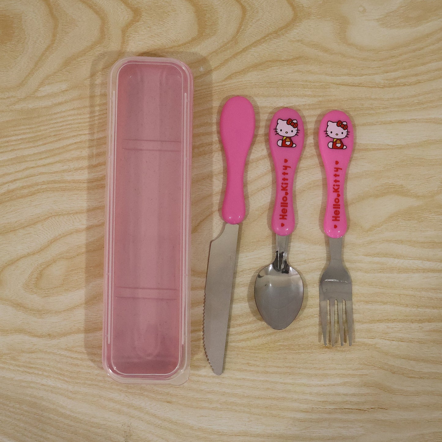 Wukusy 3-in-1 kids cutlery set with case, includes spoon, fork, and knife designed for children, arranged inside a compact case