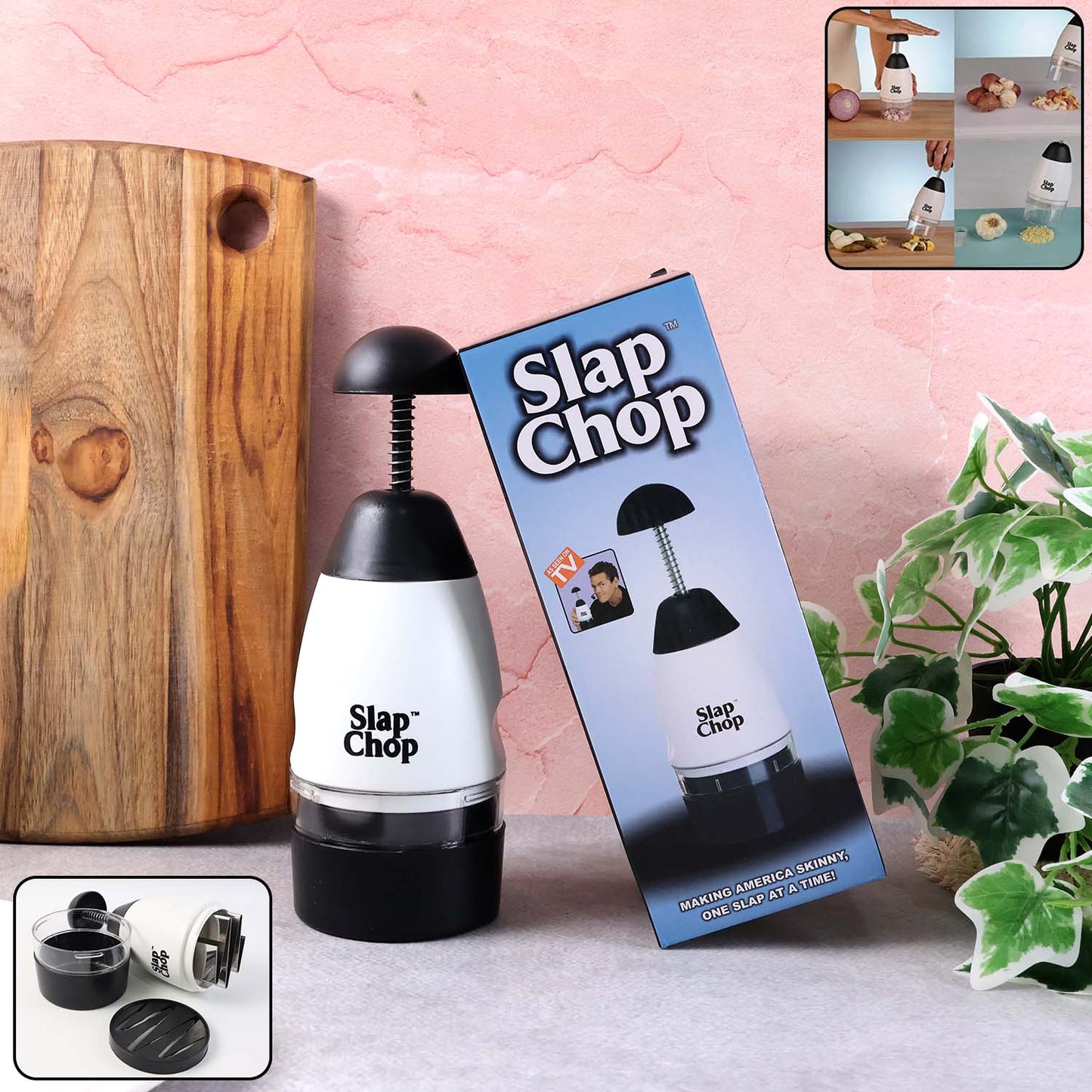 Wukusy Slap Chop hand vegetable and fruit chopper with stainless steel blades and ergonomic grip for easy food prep.