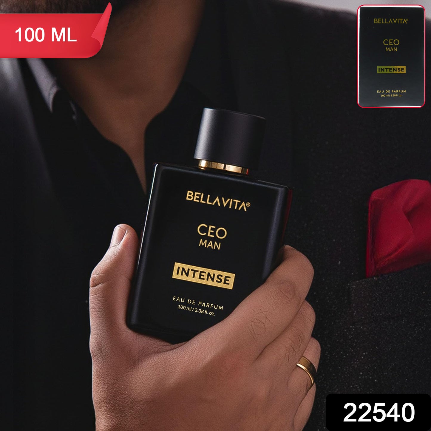 Bellavita Premium CEO Man Intense Eau De Perfume bottle by Wukusy, featuring sleek design and 100ml size on a white background.