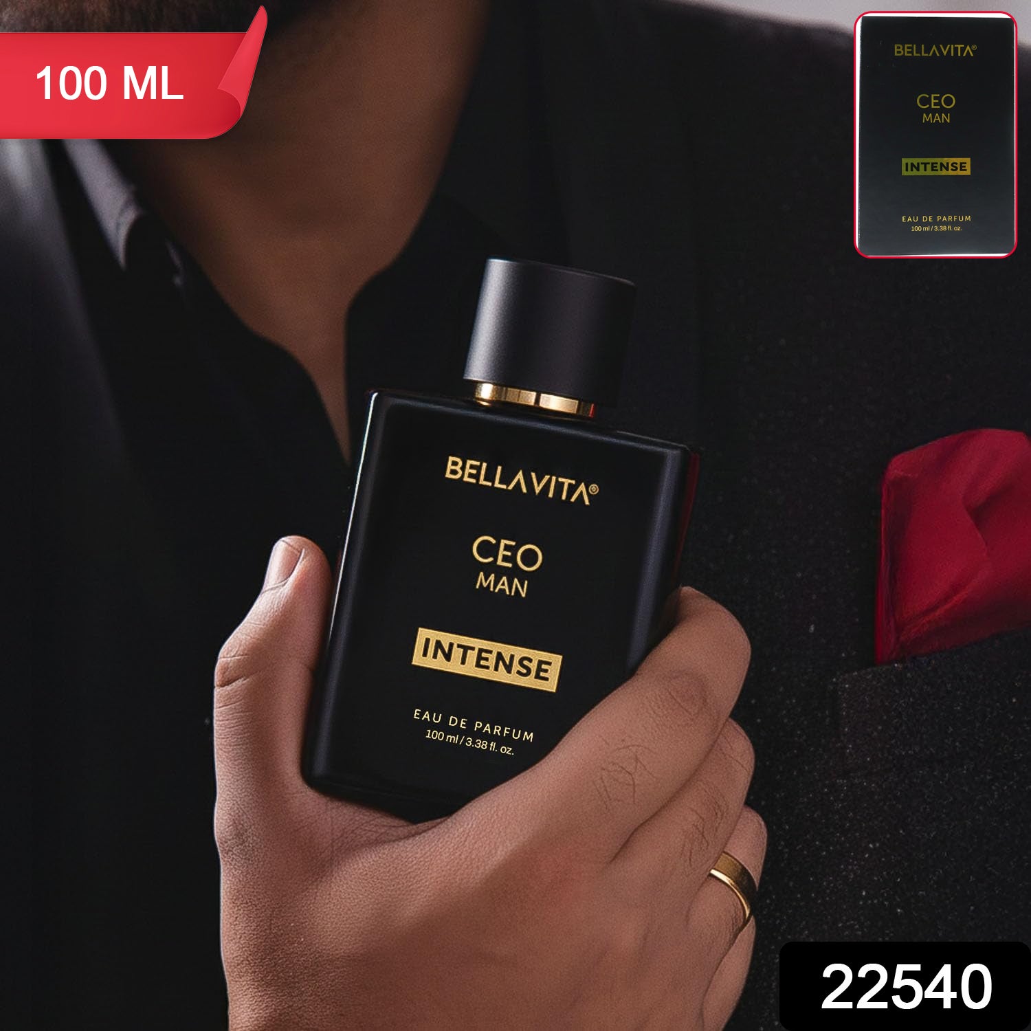 Bellavita Premium CEO Man Intense Eau De Perfume bottle by Wukusy, featuring sleek design and 100ml size on a white background.