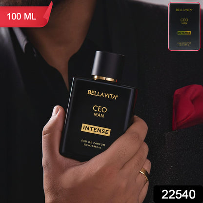 Bellavita Premium CEO Man Intense Eau De Perfume bottle by Wukusy, featuring sleek design and 100ml size on a white background.
