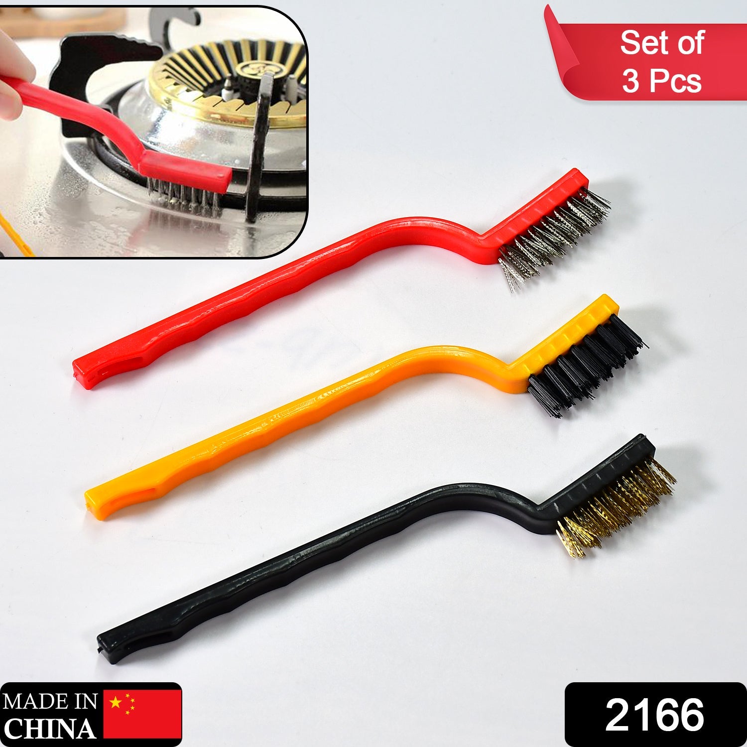 Wukusy 3-piece mini wire brush set with brass, nylon, and stainless steel bristles for cleaning gas stoves, tiles, and rust removal.