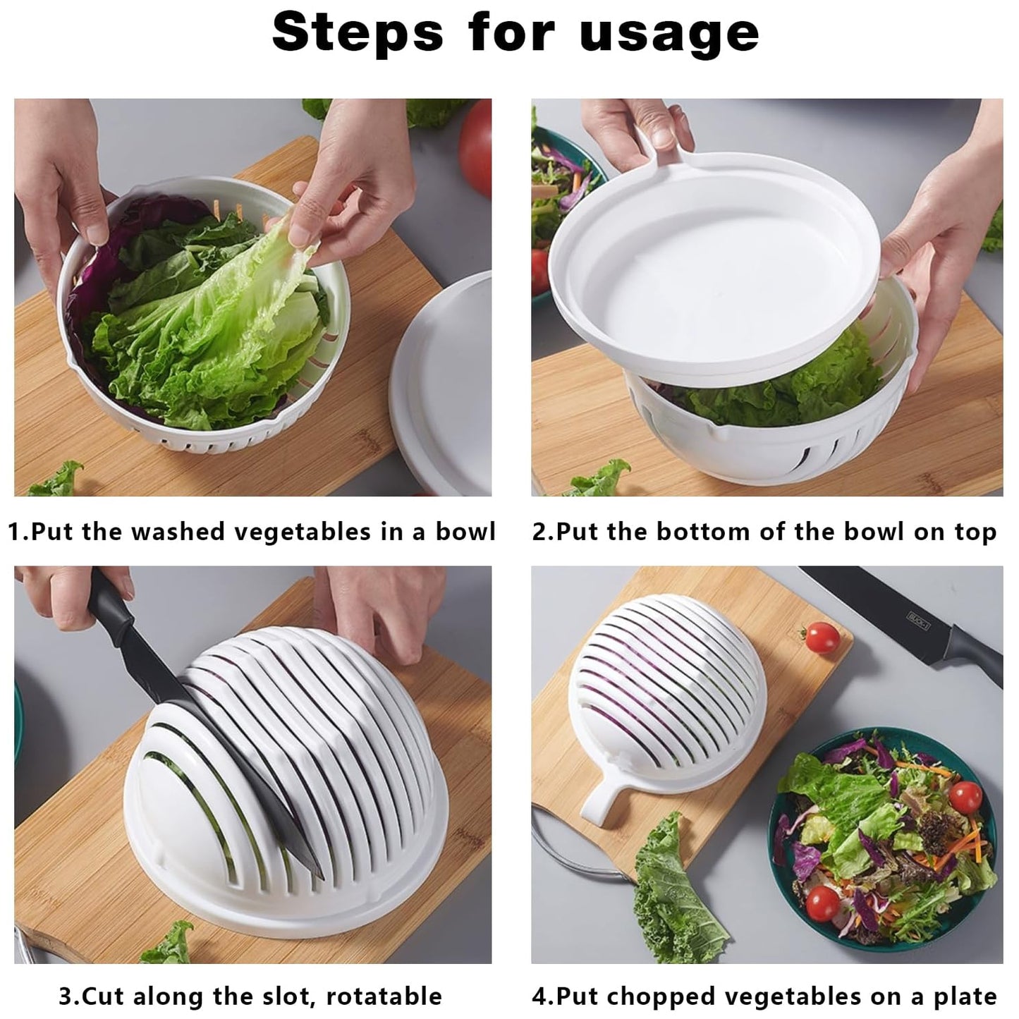 Wukusy plastic 60 seconds salad cutter and salad maker bowl for quick, easy salad preparation in a home kitchen setting.