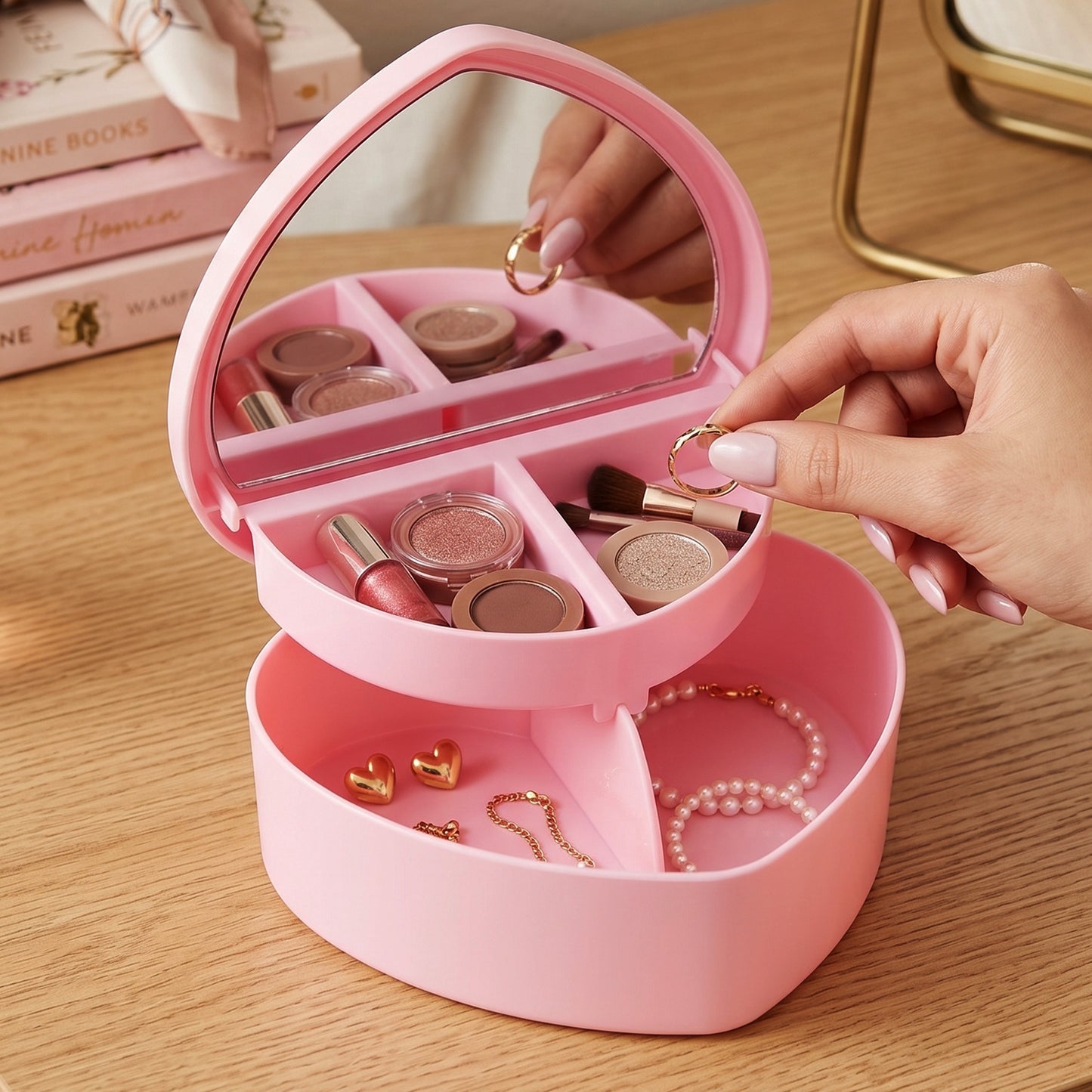 Wukusy multipurpose makeup storage box with mirror, clear plastic case showing compartments for cosmetics and accessories