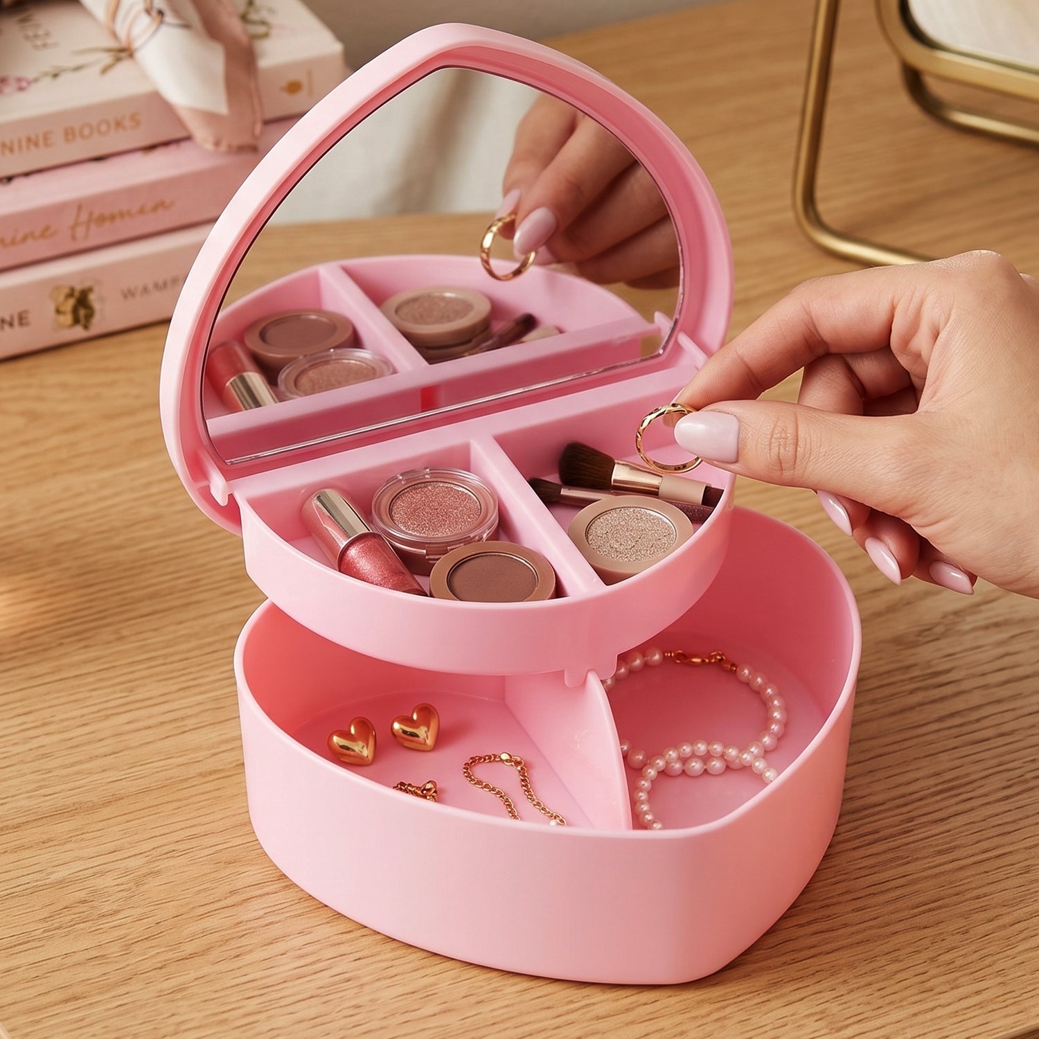 Wukusy multipurpose makeup storage box with mirror, clear plastic case showing compartments for cosmetics and accessories
