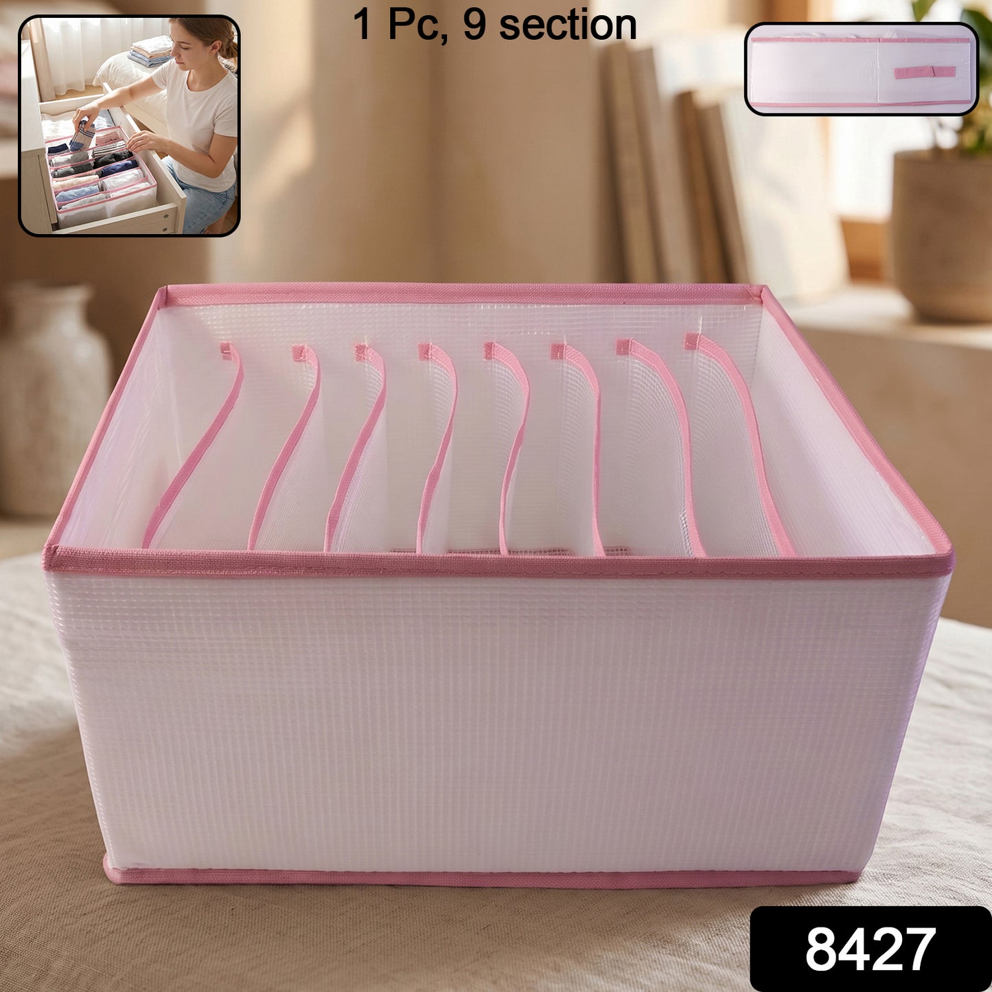 Wukusy 9-section foldable clothes organizer for wardrobe drawer storage, designed for jeans and folded garments.