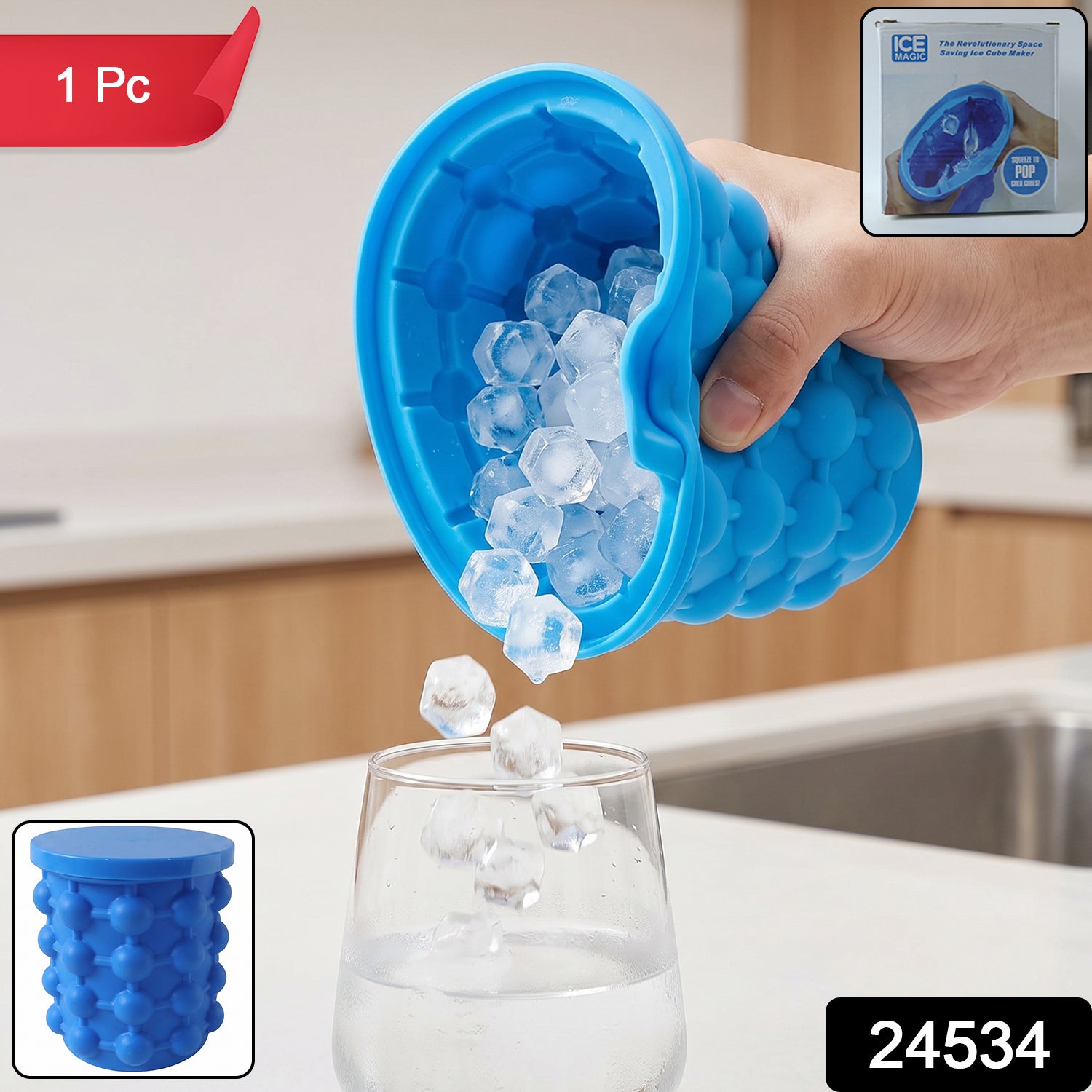 Wukusy silicone ice cube maker cup with lid, squeeze to pop design, space-saving ice mold for freezer storage.