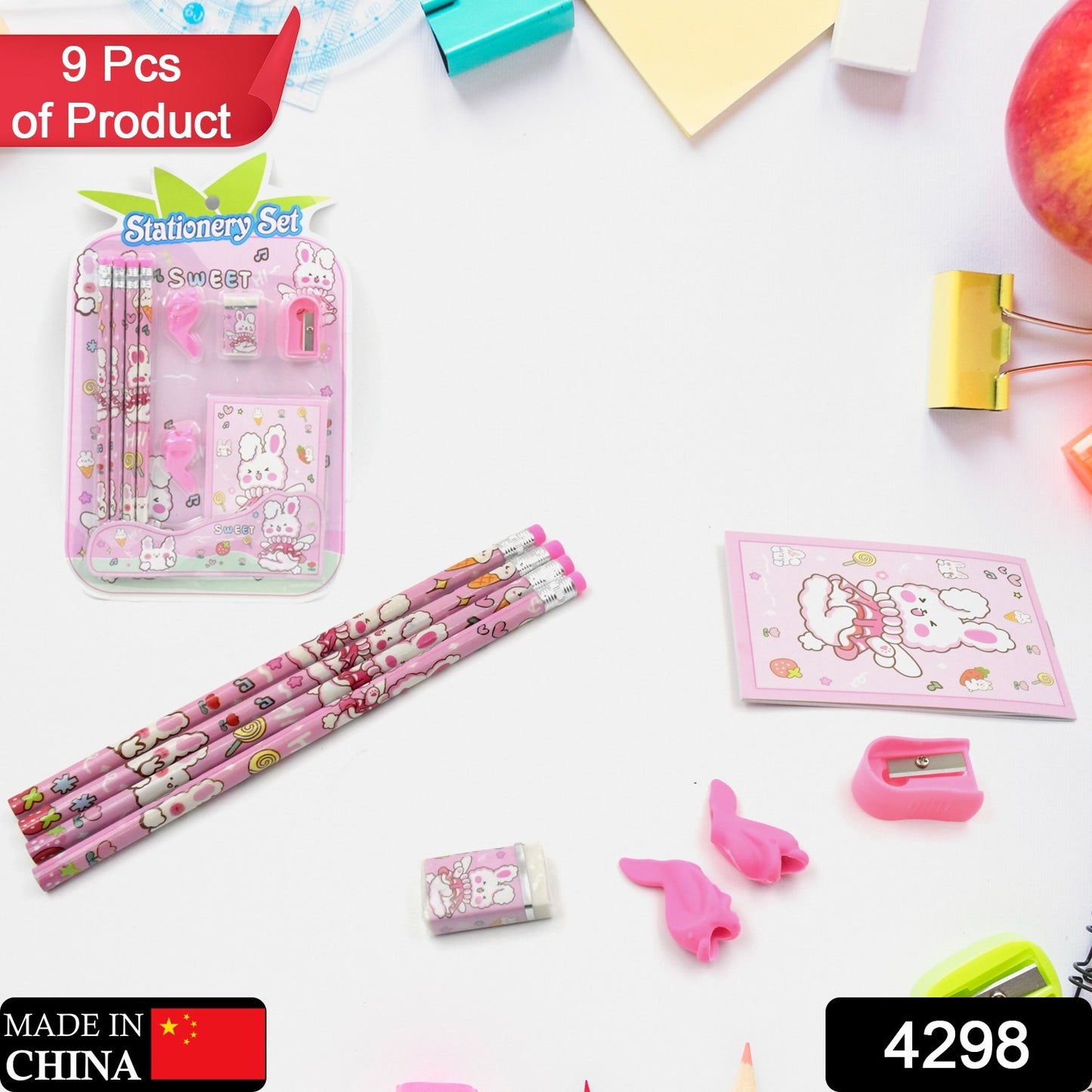 Wukusy 9-piece kids stationery kit with wooden pencil sharpener, eraser, small diary, and school supplies for boys and girls