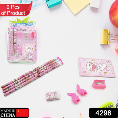 Wukusy 9-piece kids stationery kit with wooden pencil sharpener, eraser, small diary, and school supplies for boys and girls